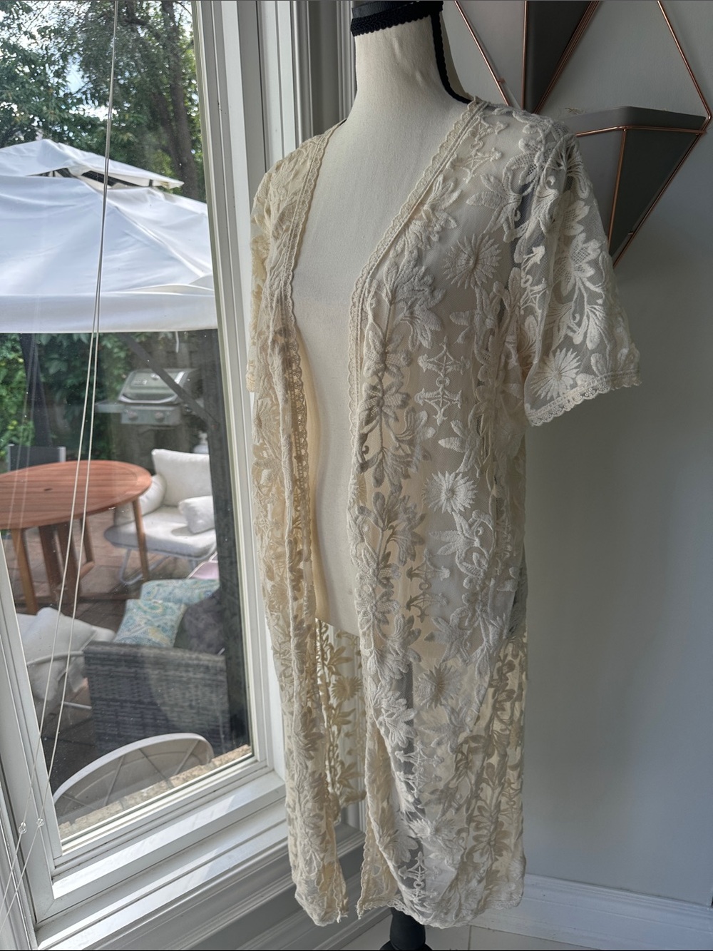 DEX Sheer Floral Lace Kimono Robe Cardigan Duster Cream White Ivory Sz Medium